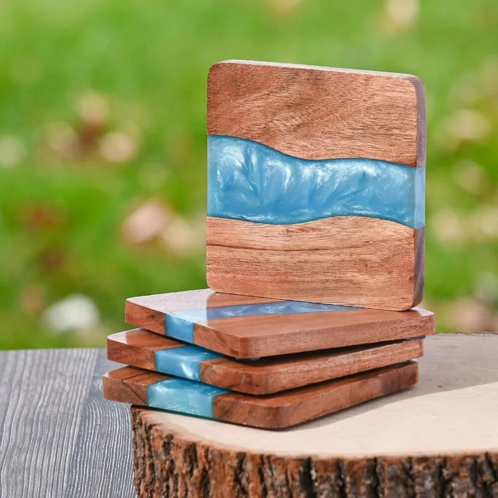 Wood Coasters with Resin - Set of 4 Cup Coasters with Holder - 4 x 4 Inches - Un